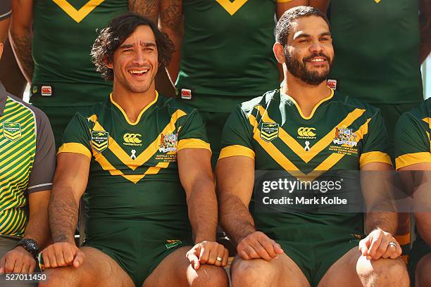 Johnathan Thurston and Greg Inglis pose during the Australia Kangaroos Test team photo session at Crowne Plaza Coogee on May 2, 2016 in Sydney,...