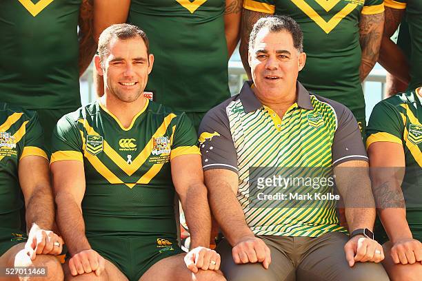 Kangaroos captain Cameron Smith and coach Mal Meninga pose during the Australia Kangaroos Test team photo session at Crowne Plaza Coogee on May 2,...