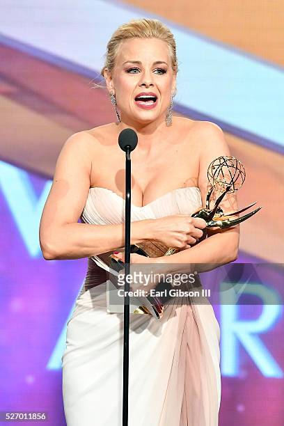 Actress Jessica Collins speaks onstage after receiving her Emmy for Best Supporting Actress at the 43rd Annual Daytime Emmy Awards at the Westin...