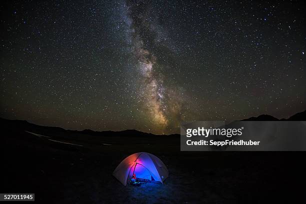 milky way over illuminated tent in mongolia - altai mountains stock pictures, royalty-free photos & images
