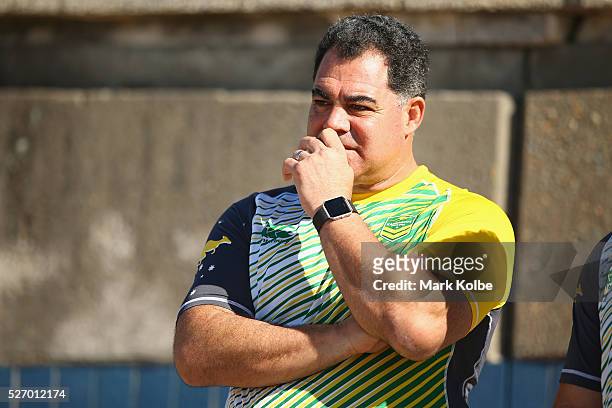 Kangaroos coach Mal Meninga watches on during the Australia Kangaroos Test team recovery session at Coogee Beach on May 2, 2016 in Sydney, Australia.