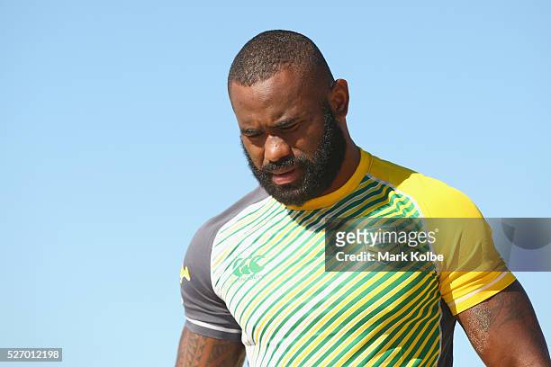 Semi Radradra watches on during the Australia Kangaroos Test team recovery session at Coogee Beach on May 2, 2016 in Sydney, Australia.