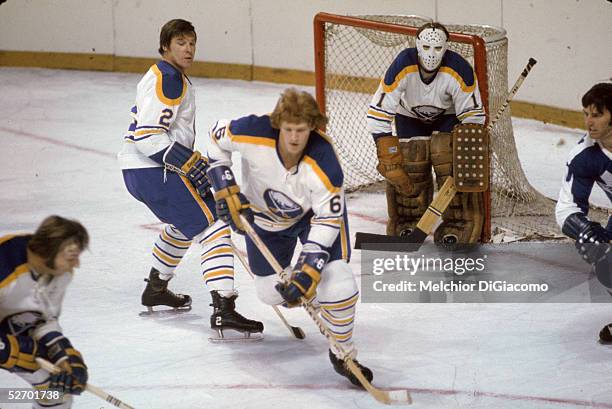 Canadian professional hockey player Tim Horton of the Buffalo Sabres skates in front of goalie Roger Crozier as teammate Jim Schoenfeld defends...