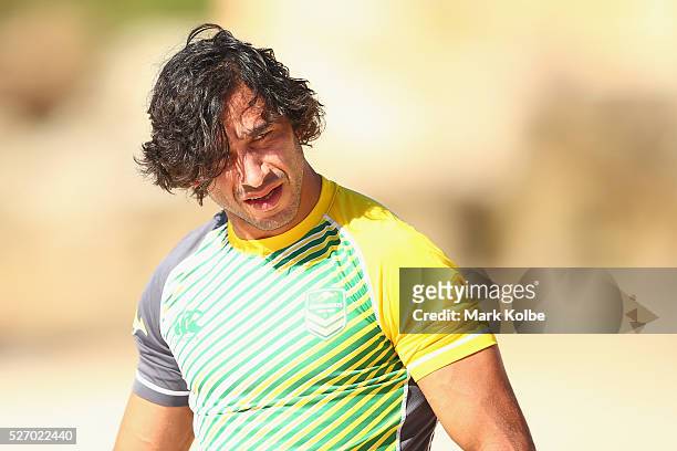 Johnathan Thurston looks on during the Australia Kangaroos Test team recovery session at Coogee Beach on May 2, 2016 in Sydney, Australia.