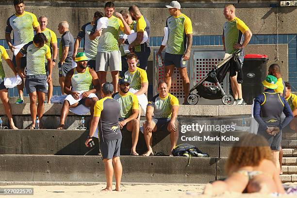 The Kangaroos prepare for the Australia Kangaroos Test team recovery session at Coogee Beach on May 2, 2016 in Sydney, Australia.
