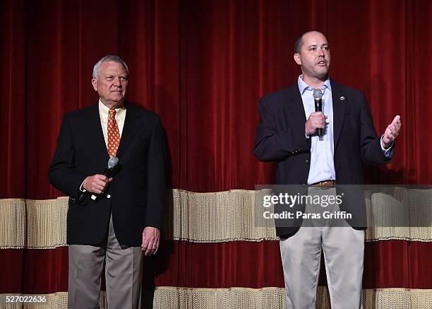 Georgia Governor Nathan Deal and Georgia Department of Economic Development Commissioner Chris Carr speak onstage at "Captain America: Civil War"...