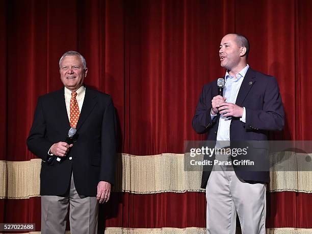 Georgia Governor Nathan Deal and Georgia Department of Economic Development Commissioner Chris Carr speak onstage at "Captain America: Civil War"...