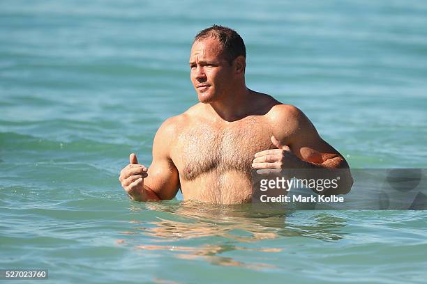 Matt Scott looks on during the Australia Kangaroos Test team recovery session at Coogee Beach on May 2, 2016 in Sydney, Australia.