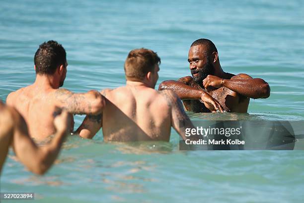 Semi Radradra looks on as he walks in the water during the Australia Kangaroos Test team recovery session at Coogee Beach on May 2, 2016 in Sydney,...