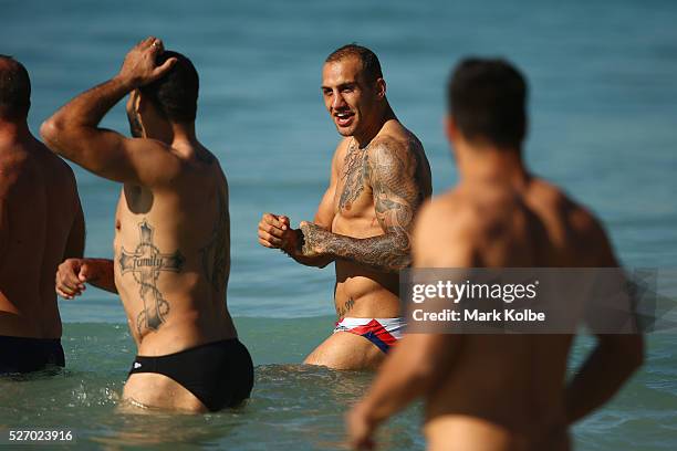 Blake Ferguson watches on during the Australia Kangaroos Test team recovery session at Coogee Beach on May 2, 2016 in Sydney, Australia.