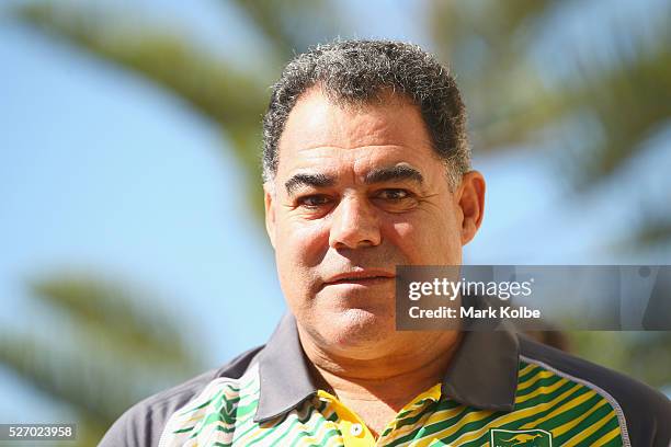 Kangaroos coach Mal Meninga watches on during the Australia Kangaroos Test team photo session at Crowne Plaza Coogee on May 2, 2016 in Sydney,...