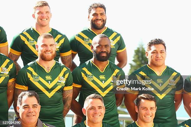 Mal Meninga, Josh McGuire, Josh Dugan, Corey Parker, Sam Thaiday, Semi Radradra, Cooper Cronk and Josh Papalii pose for the team photo during the...