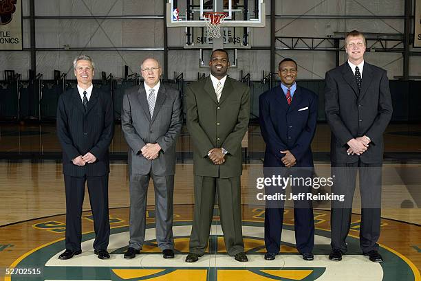 Head coach Nate McMillan and Assistant Coaches Dean Demopoulos, Bob Weiss, Assoicate Coach Dwane Casey, and Assistant Coach Jack Sikma of the Seattle...