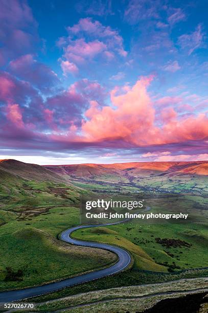 edale twisty road at sunrise. english peak district. uk. europe. - peak district national park bildbanksfoton och bilder