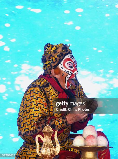 An actor from the Beijing Opera performs during a rehearsal of a show to welcome Taiwan's Nationalist Party chariman Lien Chan at Laoshe Teahouse on...