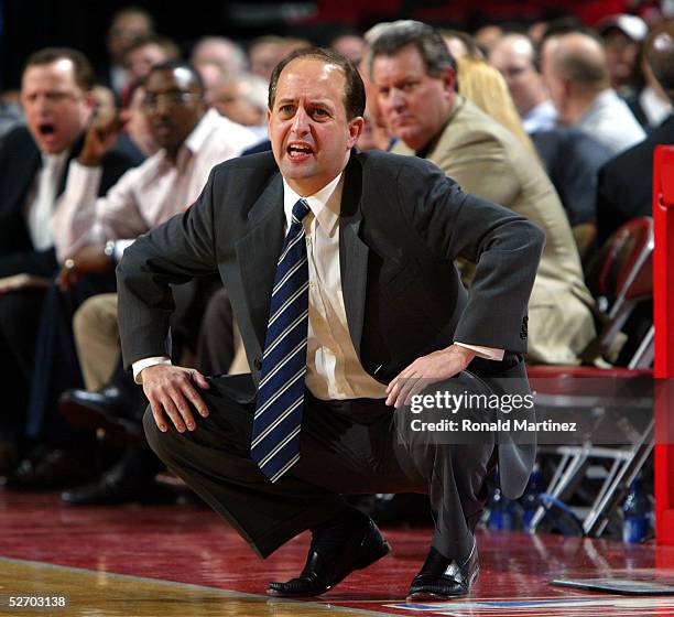 Head coach Jeff Van Gundy of the Houston Rockets calls a play during the game with the Orlando Magic on January 24, 2005 at the Toyota Center in...
