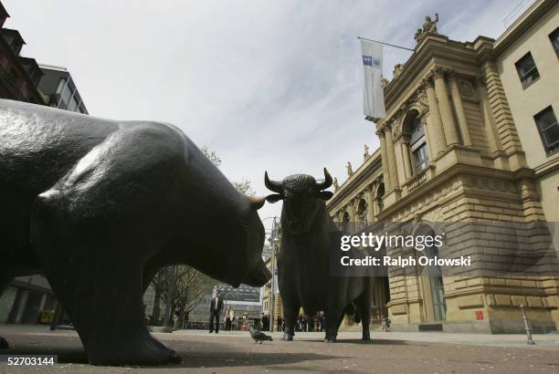 The bull and bear statues are seen outside of the Frankfurt Stock Exchange on April 27, 2005 in Frankfurt, Germany.