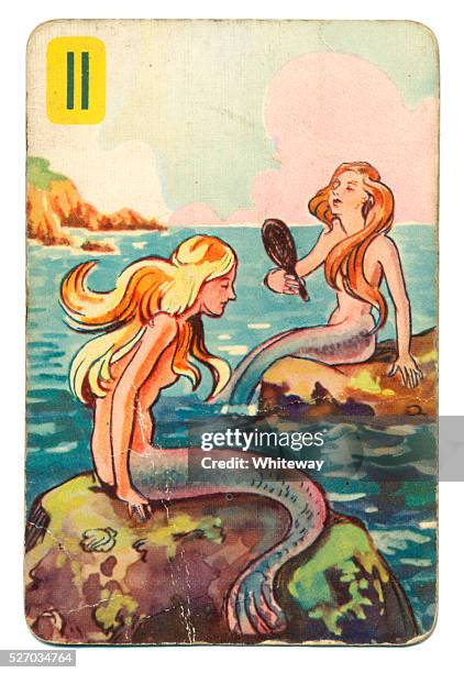 peter pan and wendy pepys playing card 1930s - vintage mermaid stock pictures, royalty-free photos & images