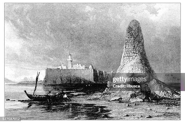 antique illustration of mediterranean landscapes: tower of skulls, djerba - djerba stock illustrations