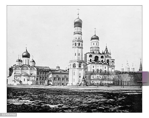 antique photograph of the kremlin (moscow, russia)-19th century - ivan the great bell tower stock illustrations