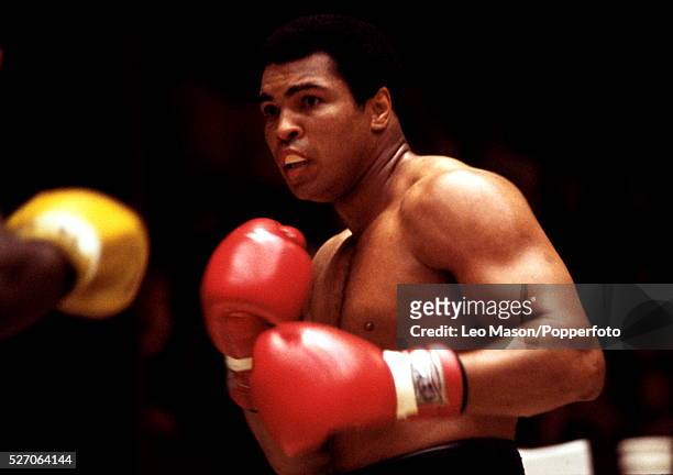 American boxer Muhammad Ali pictured in action in a sparring session during training prior to his fight against fellow American boxer Leon Spinks at...