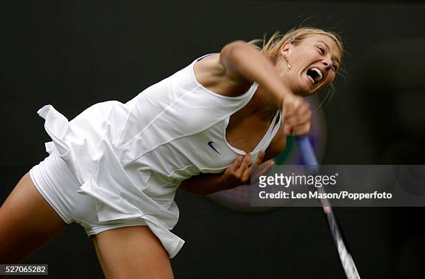 Russian tennis player Maria Sharapova pictured in action during progress to reach the semifinals of the Women's Singles tournament at the Wimbledon...