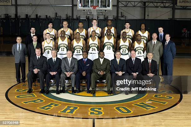 Front Row : Assistant Coaches Jack Sikma, Dean Demopoulos, Bob Weiss, Associate Coach Dwane Casey, Head Coach Nate McMillan, President and CEO Wally...