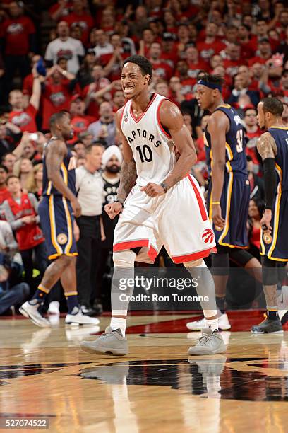 DeMar DeRozan of the Toronto Raptors reacts against the Indiana Pacers in Game Seven of the Eastern Conference Quarterfinals during the 2016 NBA...