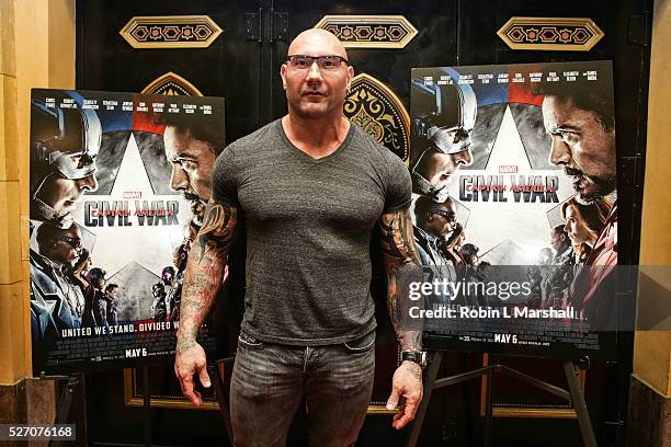 Actor Dave Bautista, Guardians of the Galaxy attends "Captain America: Civil War" Screening at the Fox Theatre on May 1, 2016 in Atlanta, Georgia.