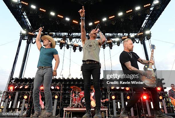 Jay Popoff and Jeremy Popoff of the band Lit perform onstage with Dustin Lynch during 2016 Stagecoach California's Country Music Festival at Empire...