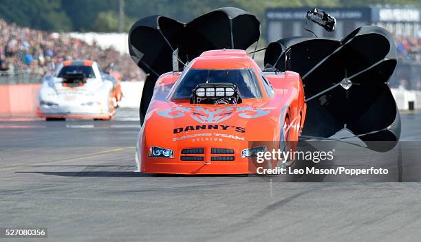 European Drag Racing Finals Santa Pod Raceway Northampton UK FIA Pro Modified car with parachute deployed on run