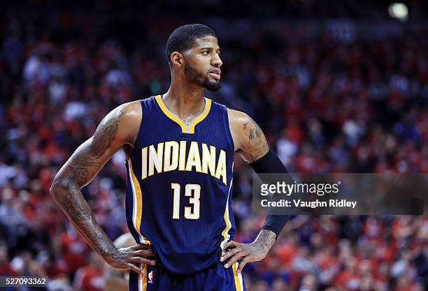Paul George of the Indiana Pacers looks on late in the second half of Game Seven of the Eastern Conference Quarterfinals against the Toronto Raptors...