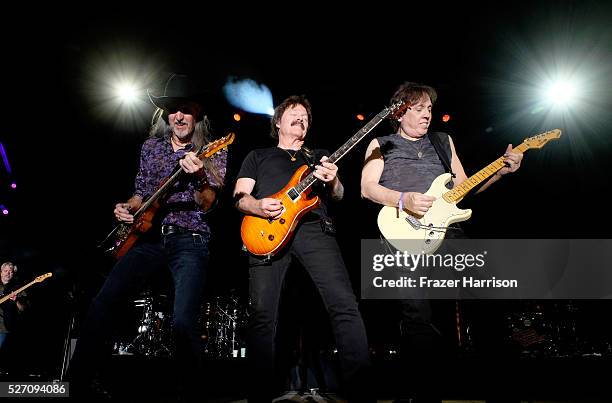 Musicians Patrick Simmons, Tom Johnston and John McFee of The Doobie Brothers perform onstage during 2016 Stagecoach California's Country Music...