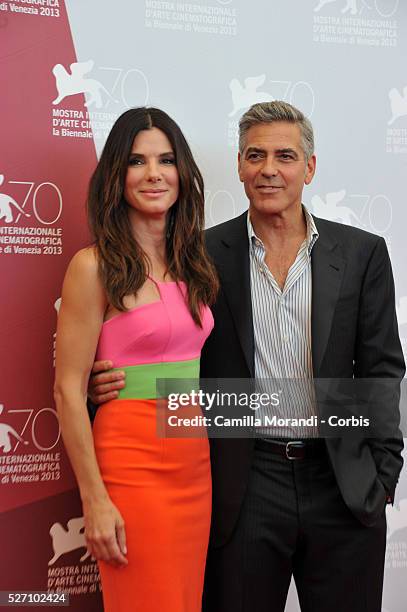 Venice Film Festival Sandra Bullock and George Clooney during the photocall of the film Gravity