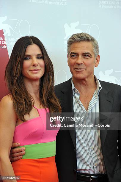 Venice Film Festival Sandra Bullock and George Clooney during the photocall of the film Gravity