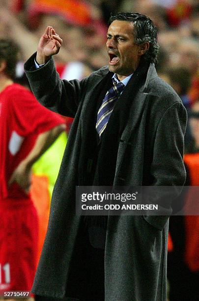 United Kingdom: Chelsea's manager Jose Mourinho directs his team against Liverpool during their first leg semi-final Champions League football match...