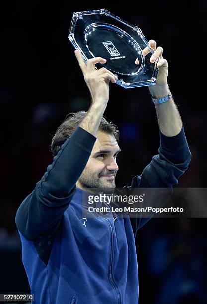 Barclays ATP World Tour Finals 02 Arena London UK FINAL Novak Djokovic SRB v Roger Federer Prize presentation Roger Feder with the plate Djokovic won...