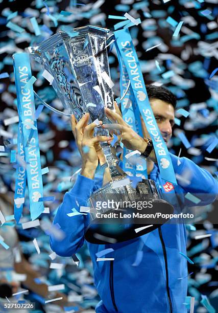 Barclays ATP World Tour Finals 02 Arena London UK FINAL Novak Djokovic SRB v Roger Federer Prize presentation Djokovic with the Cup after winning 6-4...