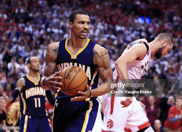 George Hill of the Indiana Pacers looks on late in the second half of Game Seven of the Eastern Conference Quarterfinals against the Toronto Raptors...