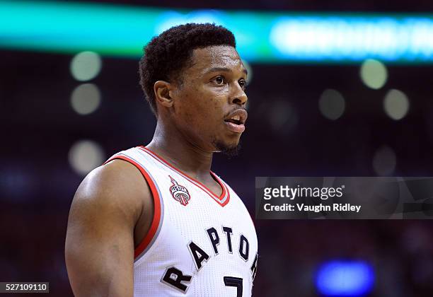 Kyle Lowry of the Toronto Raptors looks on in the second half of Game Seven of the Eastern Conference Quarterfinals against the Indiana Pacers during...
