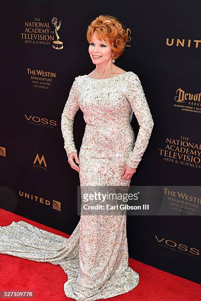 Actress Patsy Pease walks the red carpet at the 43rd Annual Daytime Emmy Awards at the Westin Bonaventure Hotel on May 1, 2016 in Los Angeles,...