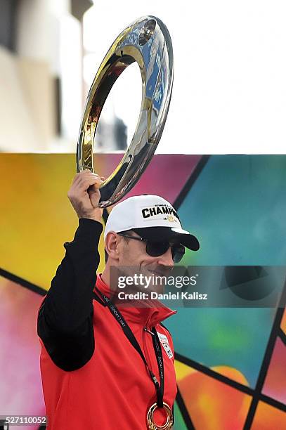 Eugene Galekovic of United holds the Hyundai A-League Championship trophy up during the Adelaide United A-League Grand Final at Rundle Mall on May 2,...