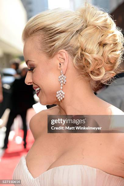 Actress Jessica Collins walks the red carpet at the 43rd Annual Daytime Emmy Awards at the Westin Bonaventure Hotel on May 1, 2016 in Los Angeles,...