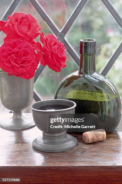 still life with pewter and wine - pewter stock pictures, royalty-free photos & images