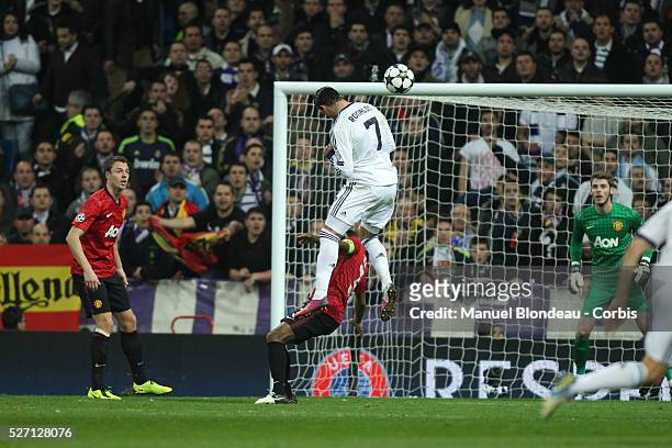 Cristiano Ronaldo of Real Madrid scoring during the UEFA Champions League Round of 16 match between Real Madrid and Manchester United at Santiago...
