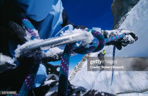 mountaineering in the french alps - karabijnhaak stockfoto's en -beelden