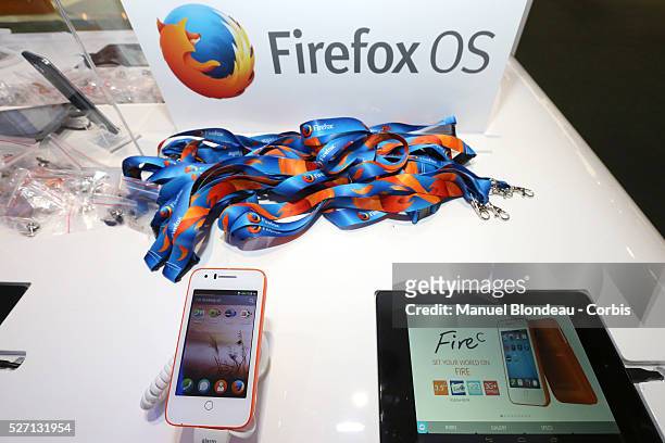 Alcatel' s budget Fire C mobile phone, which runs Mozilla's Firefox OS operating system sits on display at the Alcatel One Touch pavilion during the...