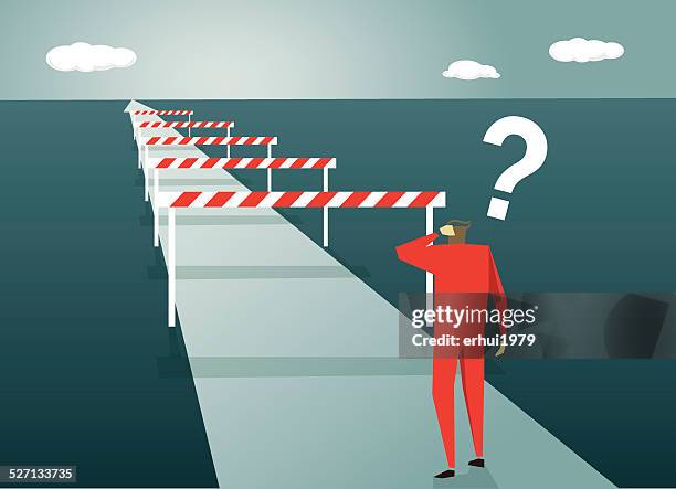 ilustrações, clipart, desenhos animados e ícones de superando as dificuldades, desafio, road, dúvidas e incertezas, pedir, problemas? - barreira de construção