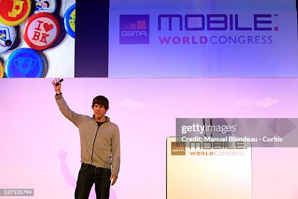 Dennis Crowley, chief executive officer of Foursquare, speaks during a keynote event at the Mobile World Congress in Barcelona on February 29, 2012...