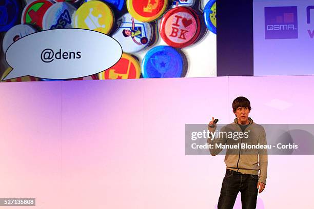 Dennis Crowley, chief executive officer of Foursquare, speaks during a keynote event at the Mobile World Congress in Barcelona on February 29, 2012...